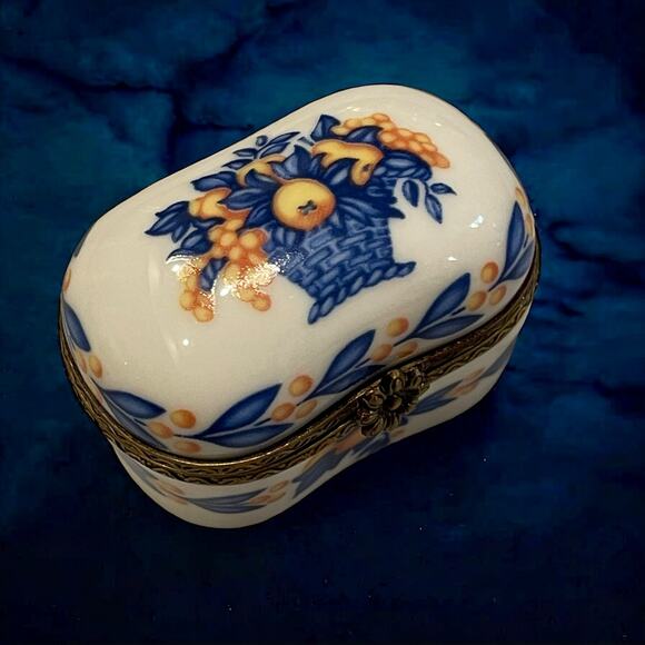 Authentic Limoges French Blue And White Orange Basket Trinket Box, Engagement